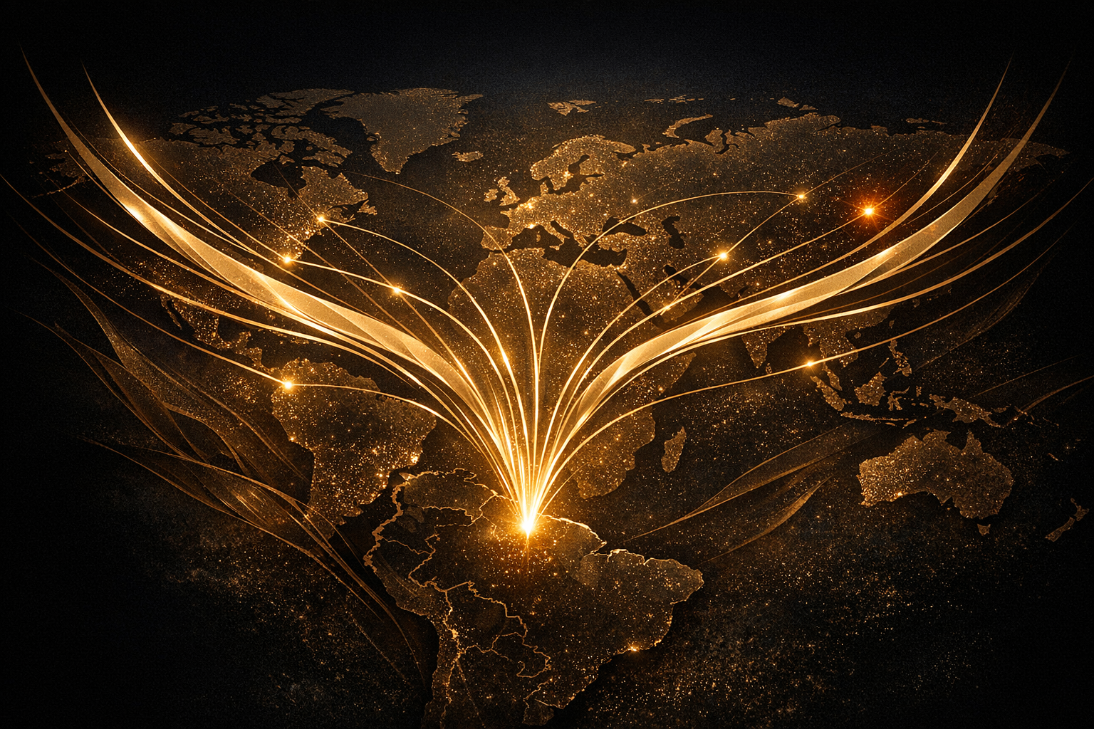 A stylised world map lit with golden light beams radiating outward from South America