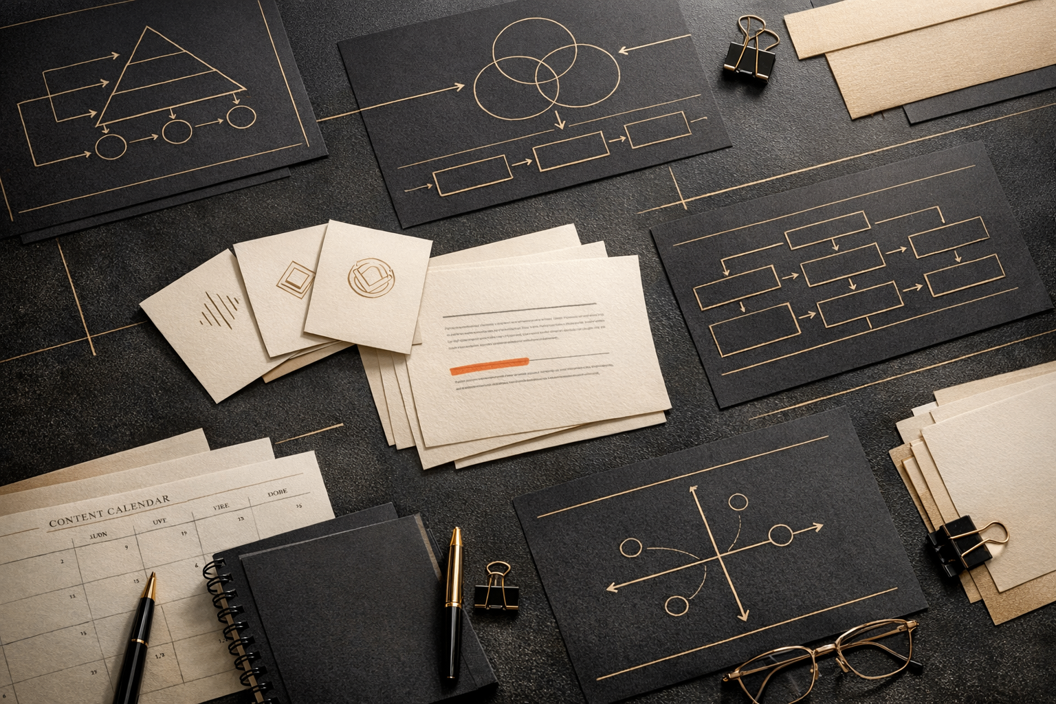 Editorial arrangement of brand strategy papers, cards, and gold accents
